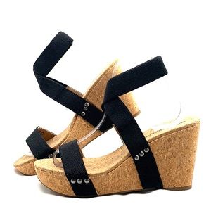Lucky Brand Marinah Cork Wedges Ankle Strap Blk